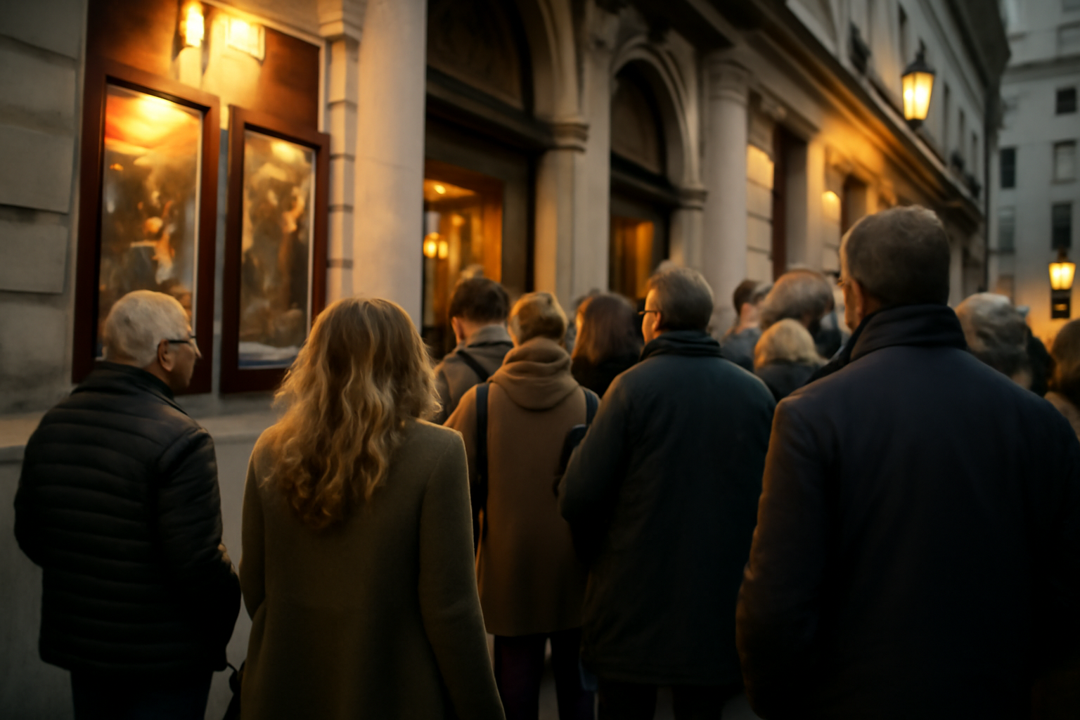 Billetterie et entrée du théâtre de l’essaïon à Paris, file de spectateurs en soirée