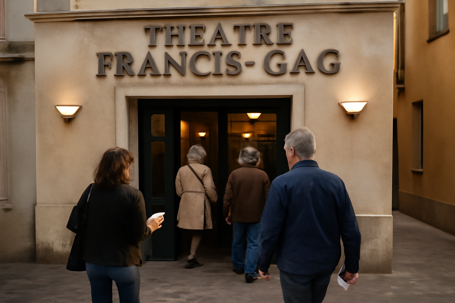Façade et entrée du théâtre Francis-Gag à Nice, public entrant dans la salle