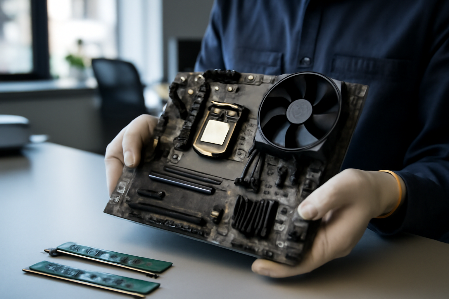 À quoi sert un processeur : gros plan sur un CPU sur une carte mère, entre câbles et dissipateur, lumière de laboratoire