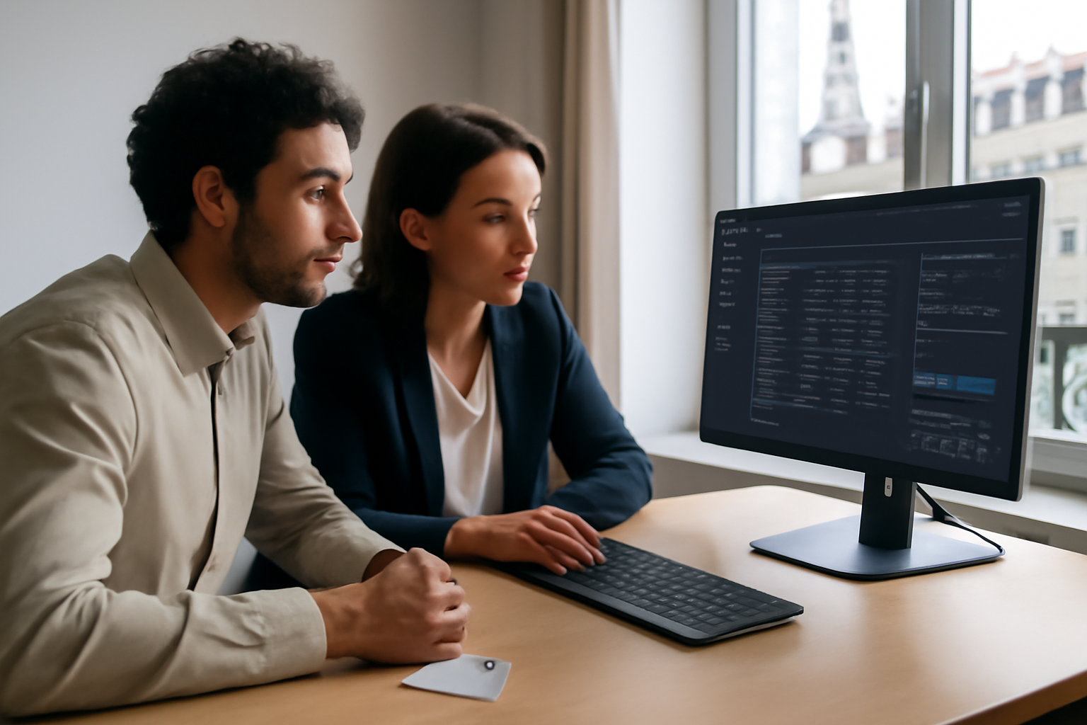 Console clever cloud sur écran, équipe devant un poste de travail, lumière de bureau