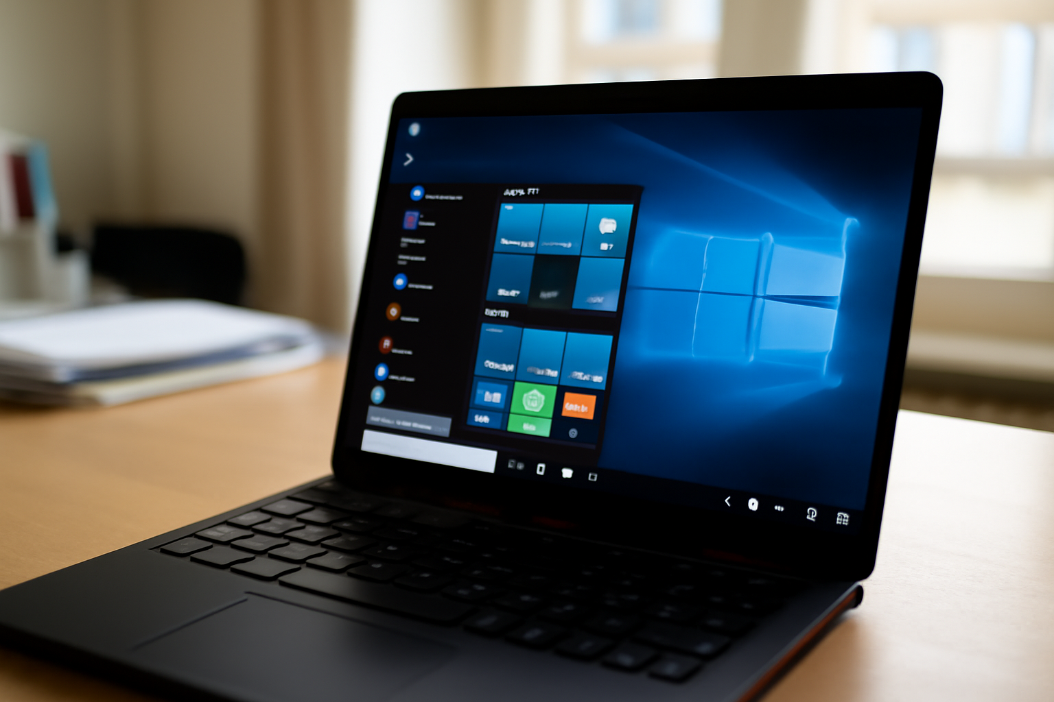 Menu Démarrer Windows avec l’icône Alimentation et le bouton Redémarrer, sur un bureau en France, lumière naturelle