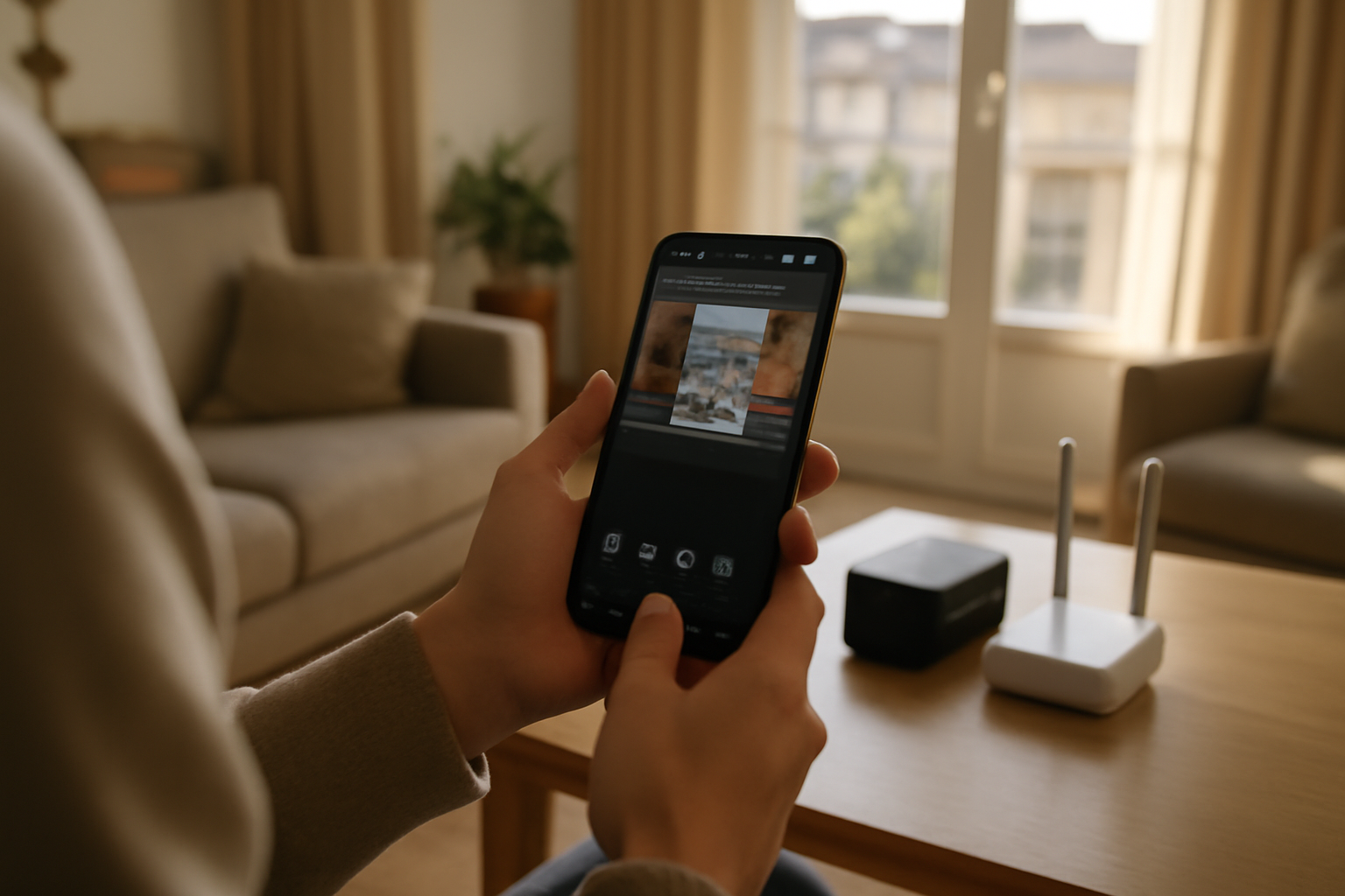 Écran de smartphone affichant dmss camera avec vue en direct d’une caméra de surveillance dans un salon, lumière naturelle