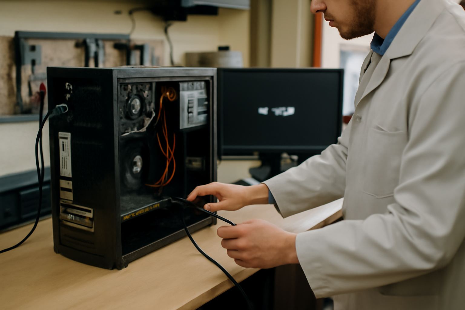 ecran noir pc : technicien vérifiant un câble HDMI et les voyants de démarrage sur un PC de bureau dans un atelier