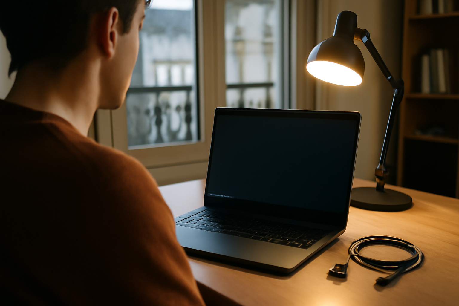 ecran noir windows 10 sur un PC portable avec écran et câble HDMI sur un bureau, lumière de fin d’après-midi