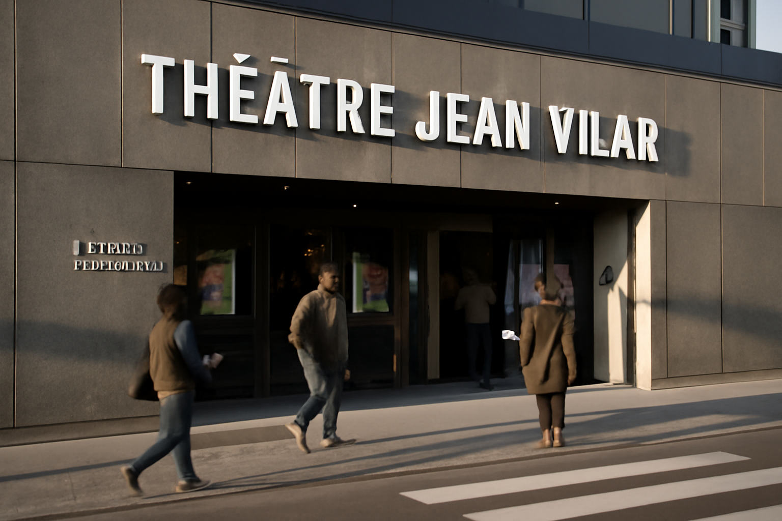 Façade du théâtre Jean Vilar à Vitry-sur-Seine, 1 place Jean Vilar, entrée et signalétique devant le bâtiment