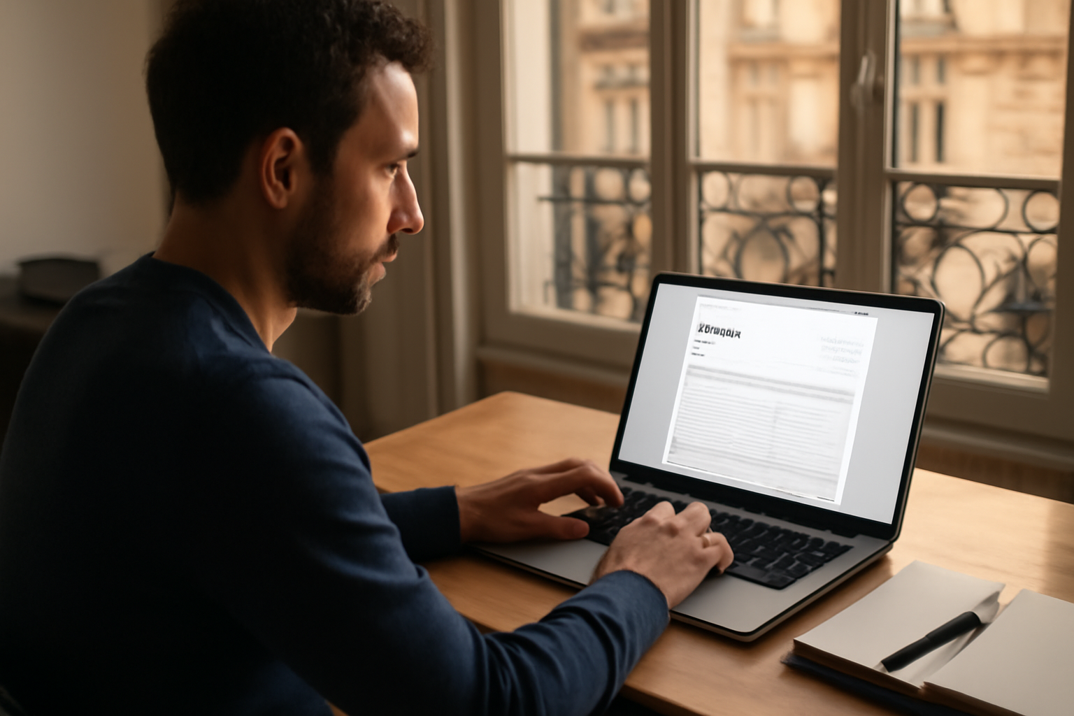 tiime ae : écran de facturation en ligne pour auto-entrepreneur, ordinateur portable dans un bureau parisien avec documents et facture à l’écran