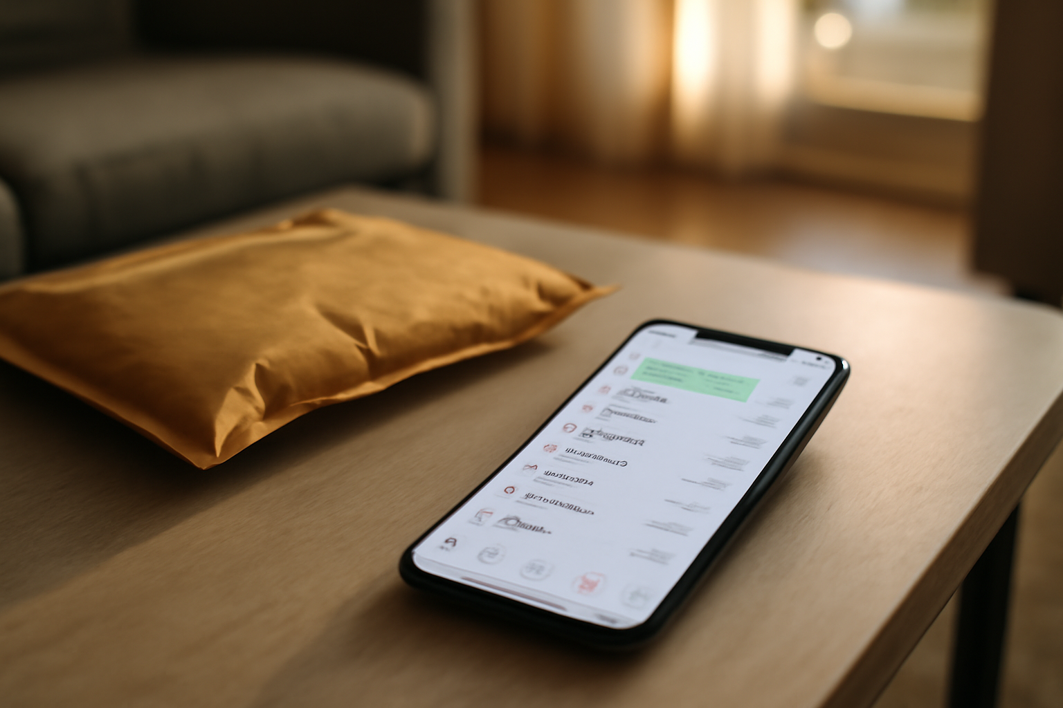 appel du 0187217777 sur un téléphone, notification d’une livraison Amazon sur l’écran, salon moderne, lumière du soir