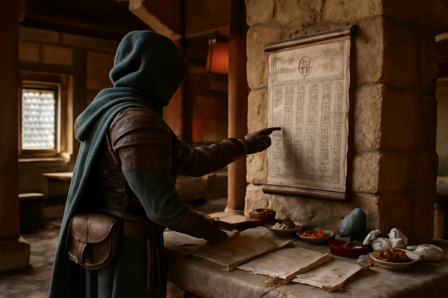 almanax dofus : tableau des offrandes dans le temple de Pandala, lumière douce et ambiance médiévale