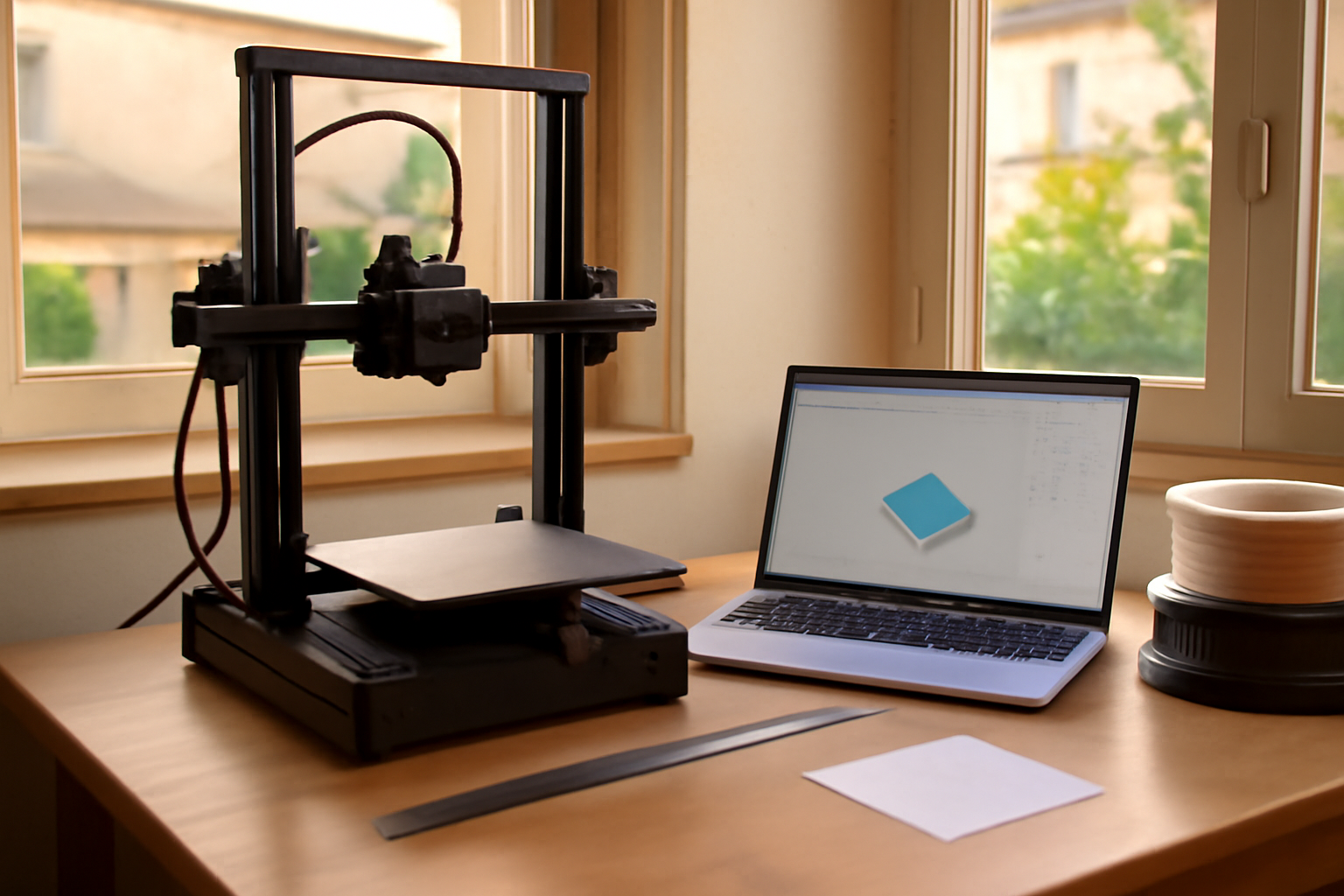 Imprimante 3d débutant sur un bureau avec filament PLA, ordinateur et accessoires de calibration