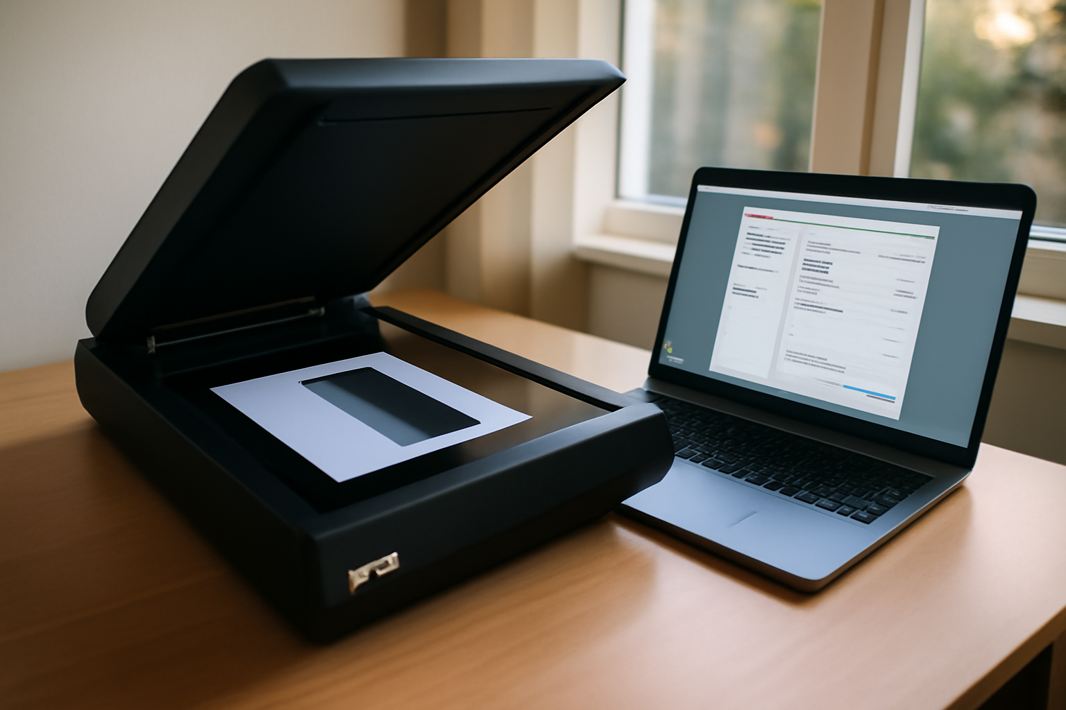 Scanner Epson sur un bureau, document avec dégradé de gris et écran Epson Scan 2 visible