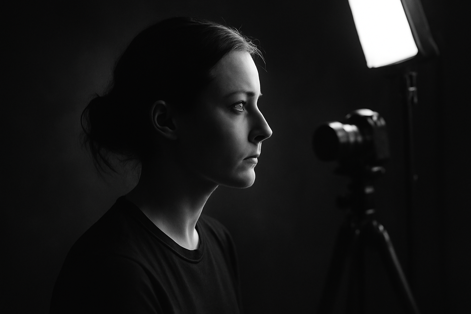photo noir : portrait en noir et blanc avec contraste élevé et grain fin