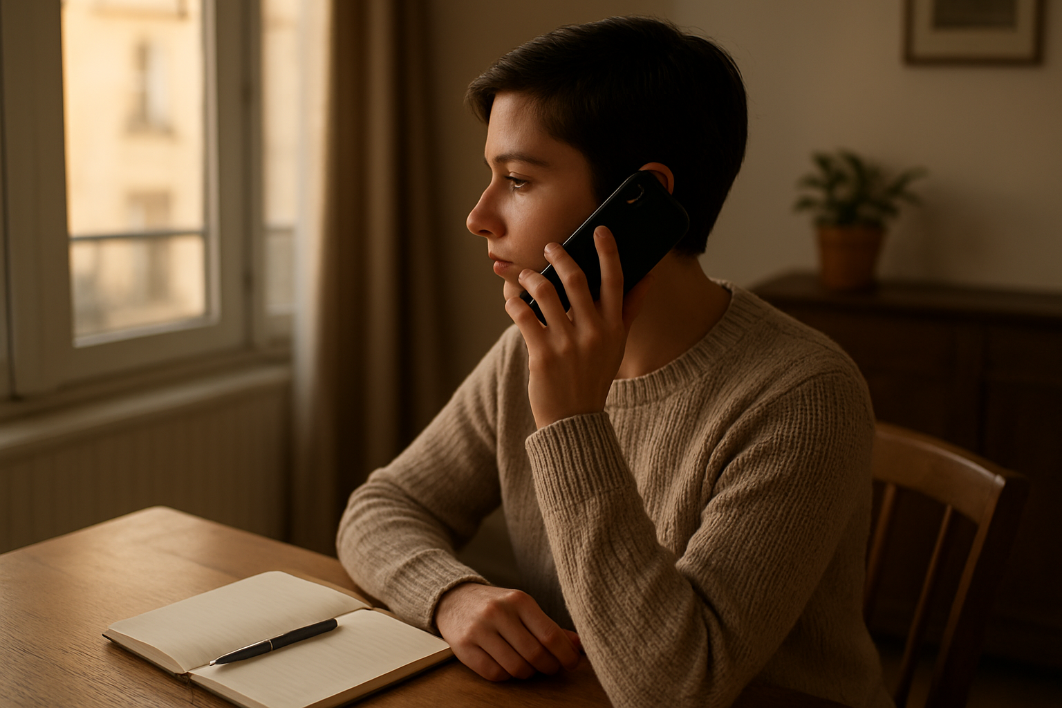 Téléphone en main pendant un appel aux renseignements 118 712 avec écran affichant le numéro