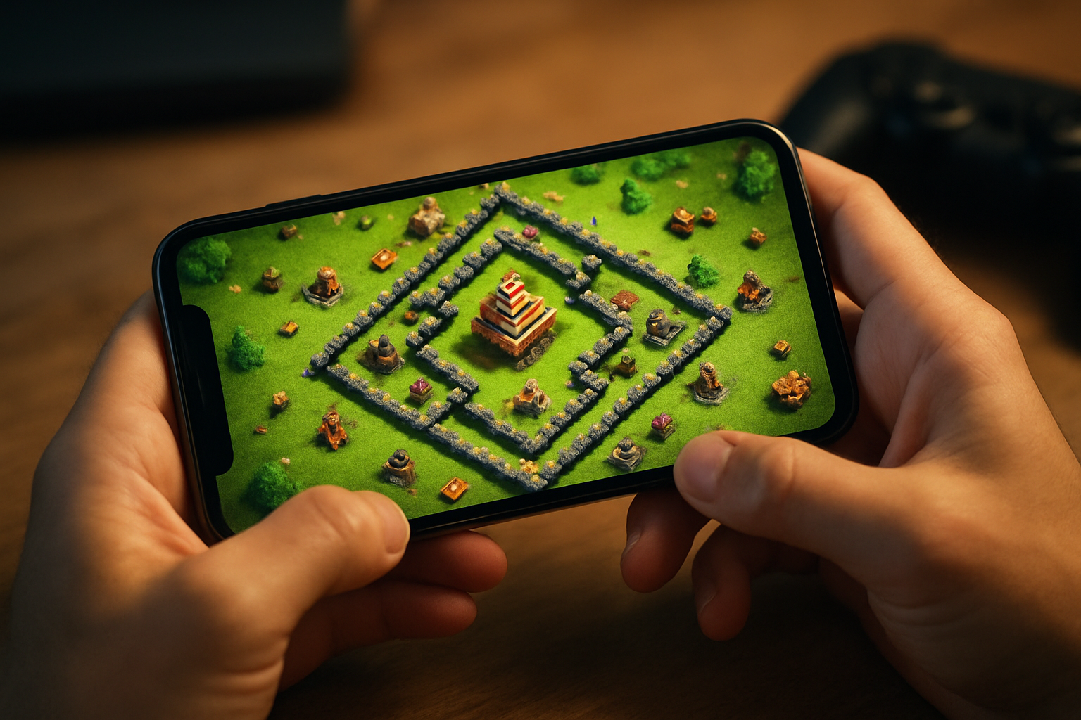 Base de village de Clash of Clans avec cœur central protégé, pièges et compartiments visibles