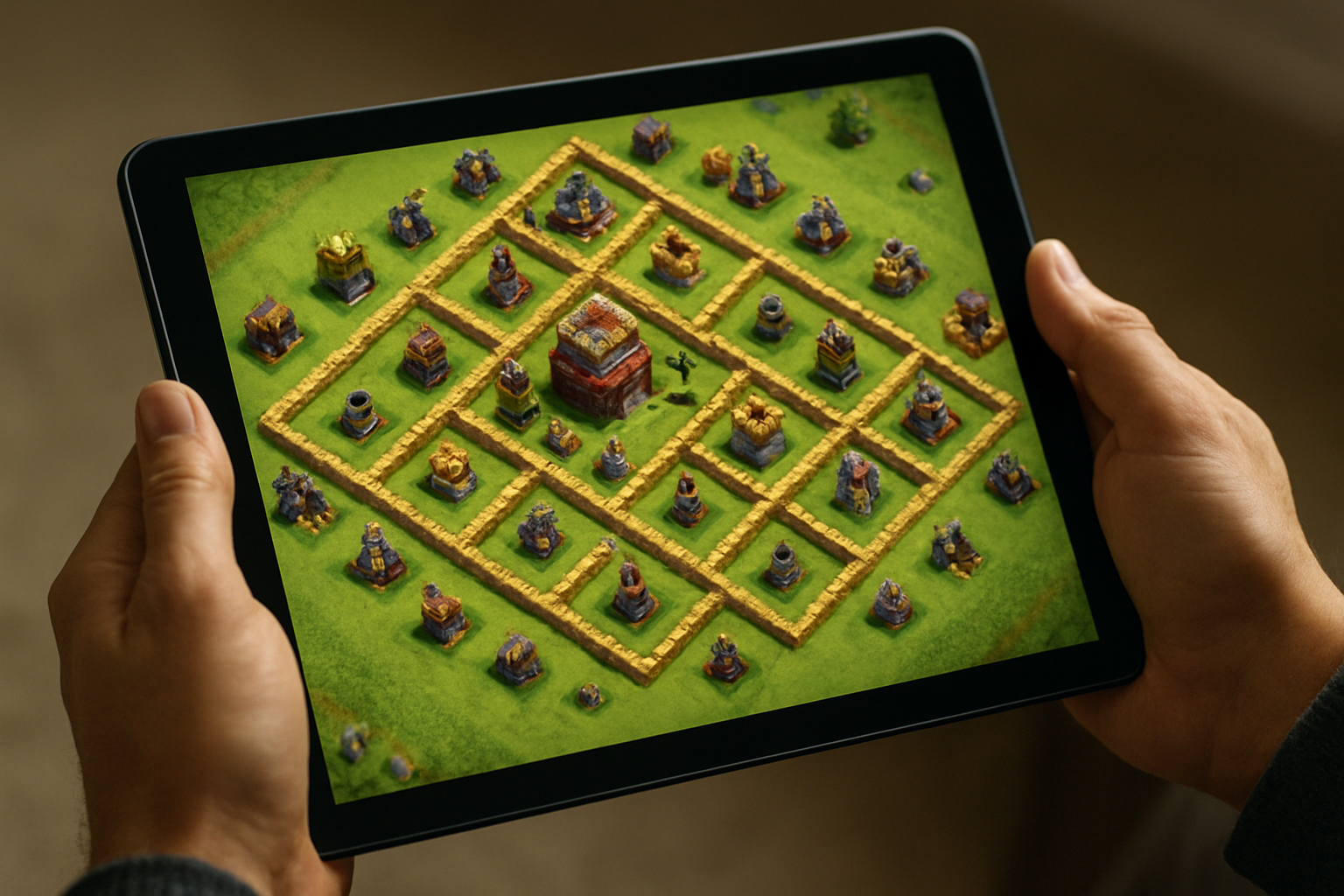Plan de village de Clash of Clans montrant des compartiments entre murs et pièges répartis autour du cœur