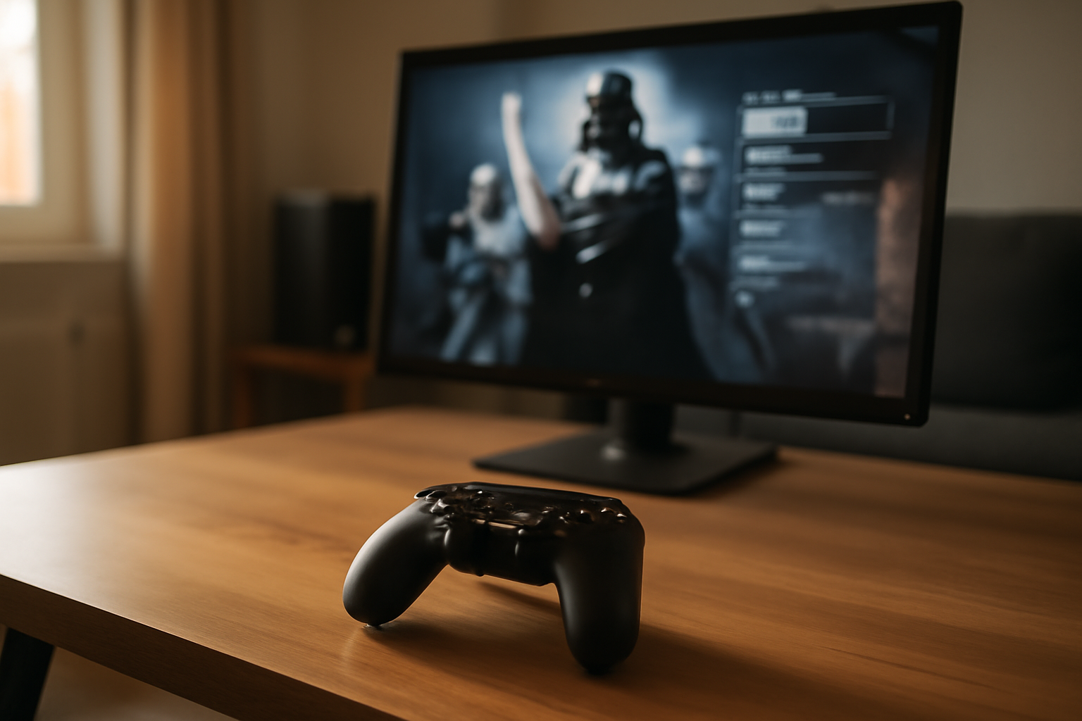Battlefront 3 : manette et écran affichant Star Wars, ambiance salon jeu vidéo en France