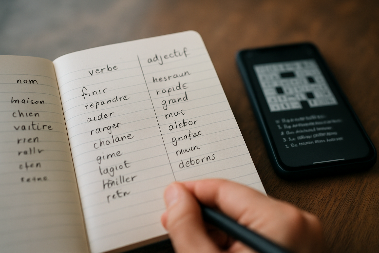 Bloc-notes avec trois catégories de mots et des familles sémantiques pour résoudre un mot caché type Cémantix