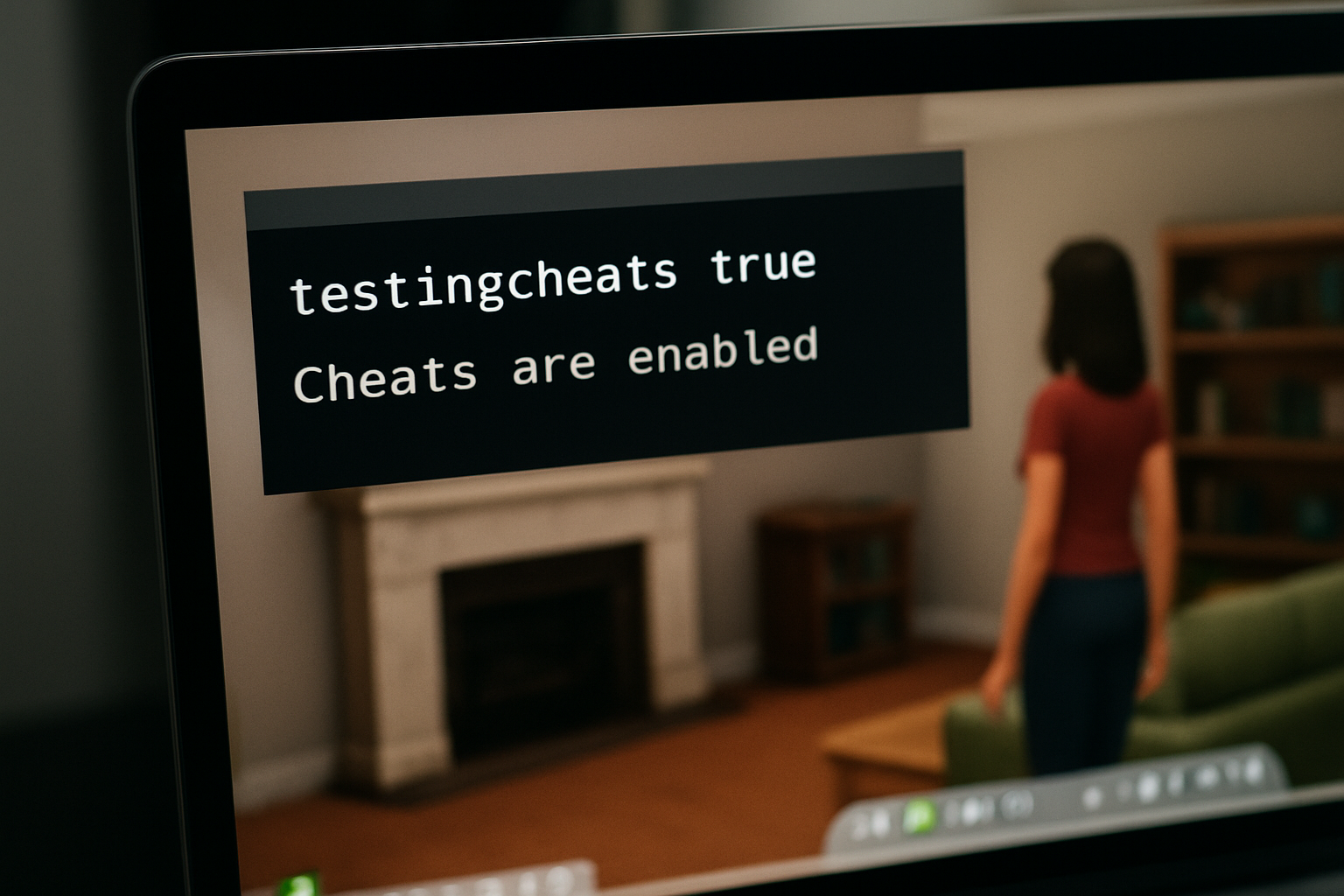 Fenêtre de console de triche dans Les Sims 4 affichant l'activation testingcheats true, avec retour texte visible
