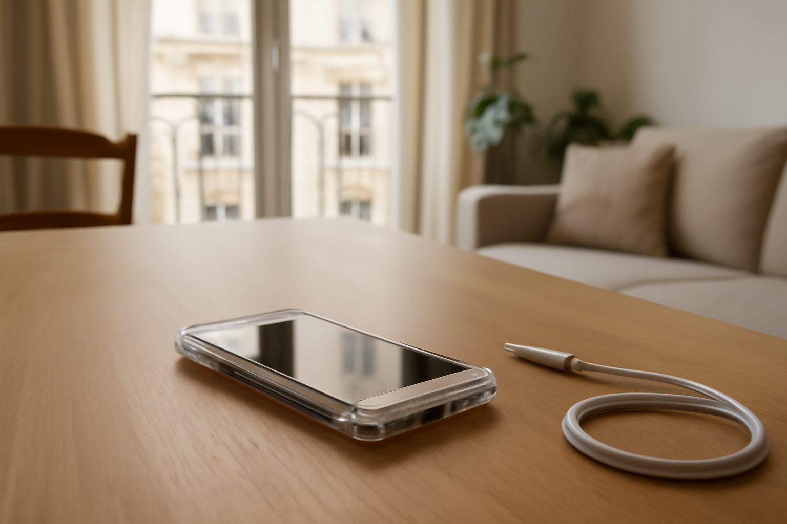 coque iPhone 6 antichoc sur une table, lumière naturelle