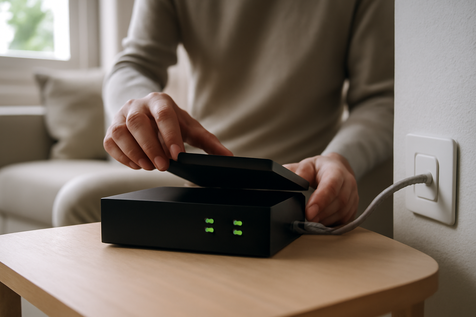 Technicien vérifiant les voyants DSL et les câbles derrière une Freebox dans un salon, lumière naturelle