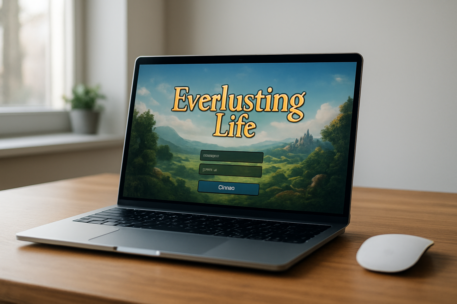Écran de navigateur affichant le jeu Everlusting Life sur ordinateur portable, interface de connexion visible, lumière naturelle dans un bureau