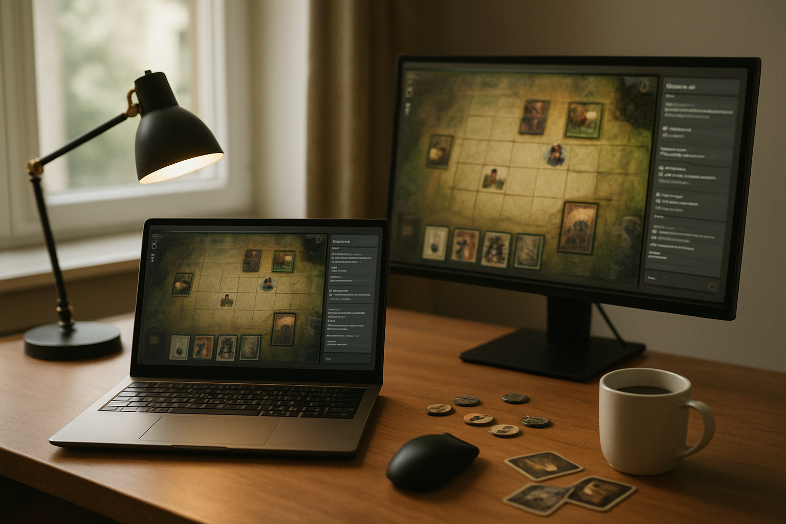 Serveur Foundry VTT sur un ordinateur de bureau, écran affichant une table de jeu de rôle en ligne