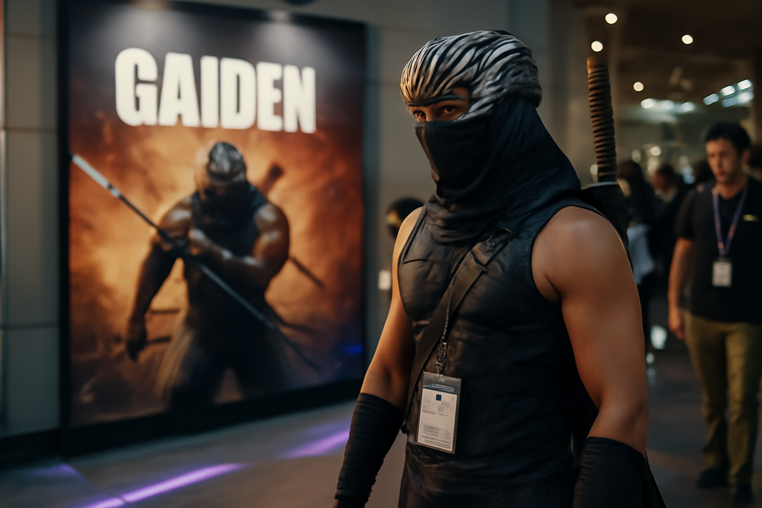 Affiche de jeu vidéo avec mention gaiden et personnage au premier plan, éclairage de convention gaming, couleurs japonaises