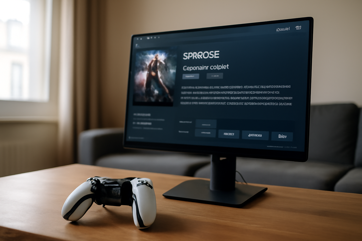 Manette de jeu et écran affichant une page de description avec mots spin-off et histoire annexe