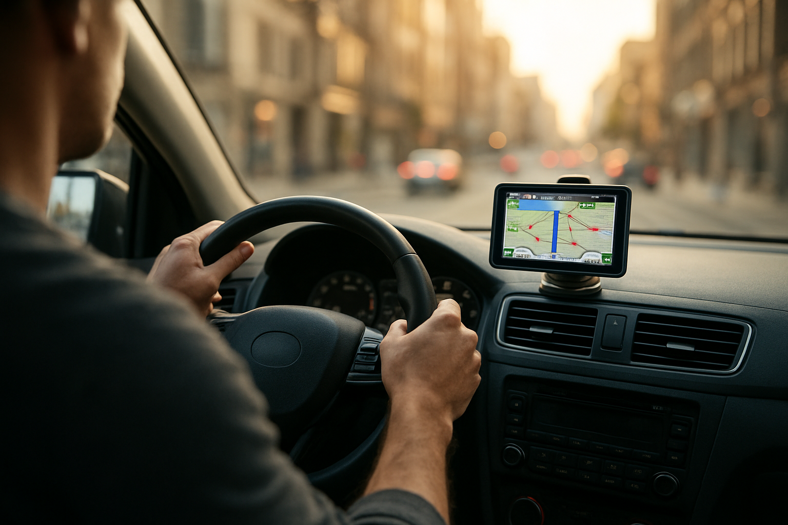 GPS Garmin dans une voiture, écran lisible et support sur le tableau de bord