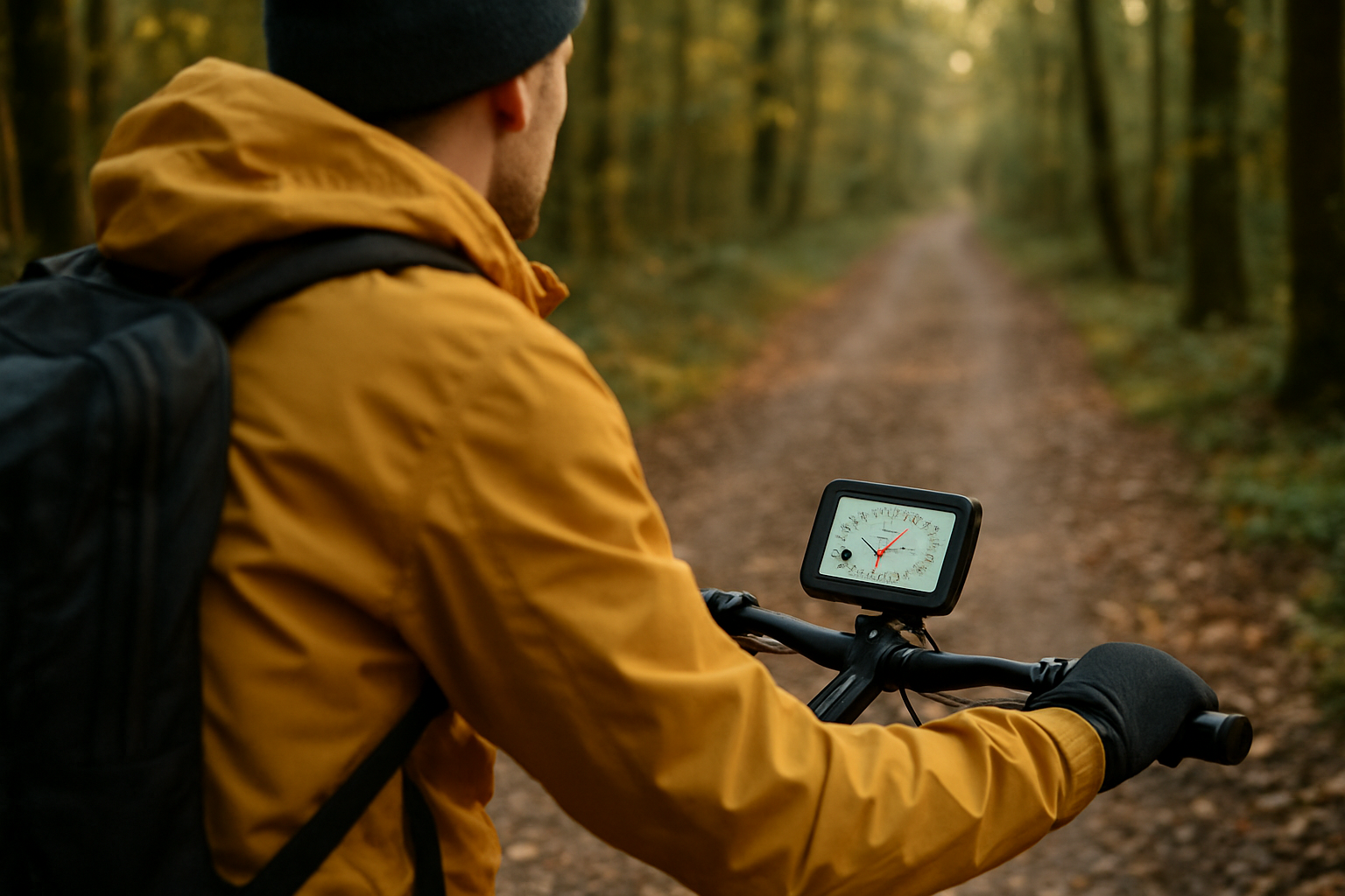Boîtier GPS de randonnée affichant un itinéraire hors-ligne sur sentier en sous-bois