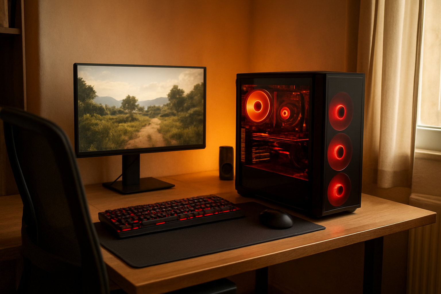 PC de jeu avec écran affichant un monde ouvert inspiré de GTA, clavier rétroéclairé, lumière de bureau réaliste
