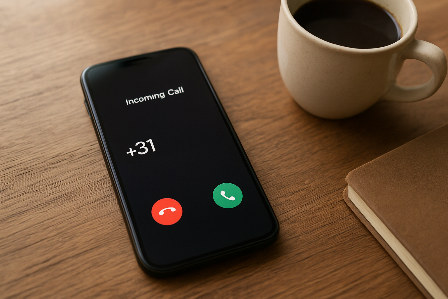 Appel entrant affichant +31 sur un téléphone, en arrière-plan un bureau avec documents et stylo