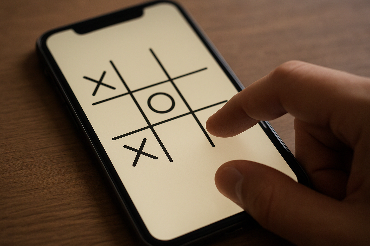 Grille de morpion 3×3 avec une combinaison presque gagnante, vue sur écran de téléphone