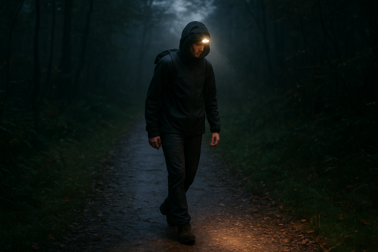 lampe frontale rechargeable LED sur un sentier de nuit, faisceau réglé