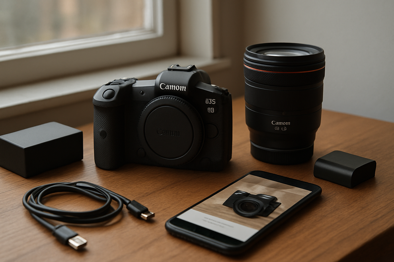 Appareil photo et objectif posés sur un bureau, photos nettes pour vendre du matériel photo