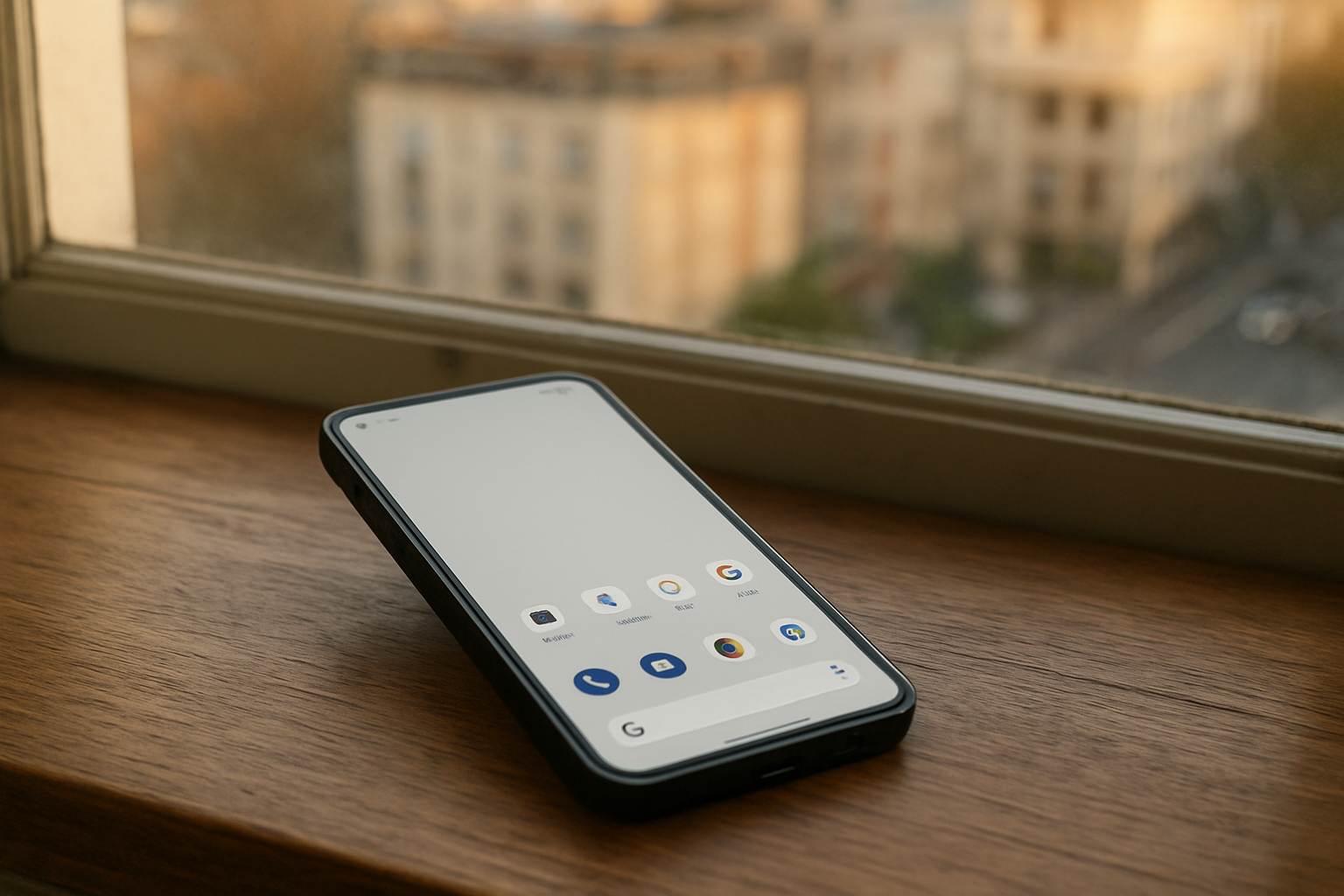Nothing Phone (3) posé sur une table, écran allumé avec interface Nothing OS, lumière naturelle, décor urbain en arrière-plan