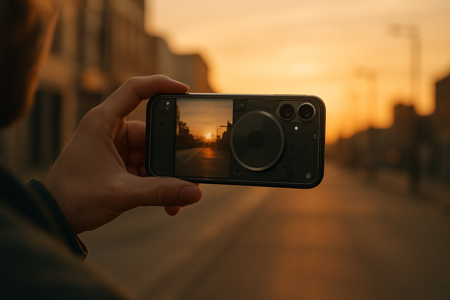 Test photo au coucher du soleil avec un smartphone Nothing Phone (3), mains tenant l’appareil, arrière-plan urbain, lumière chaude