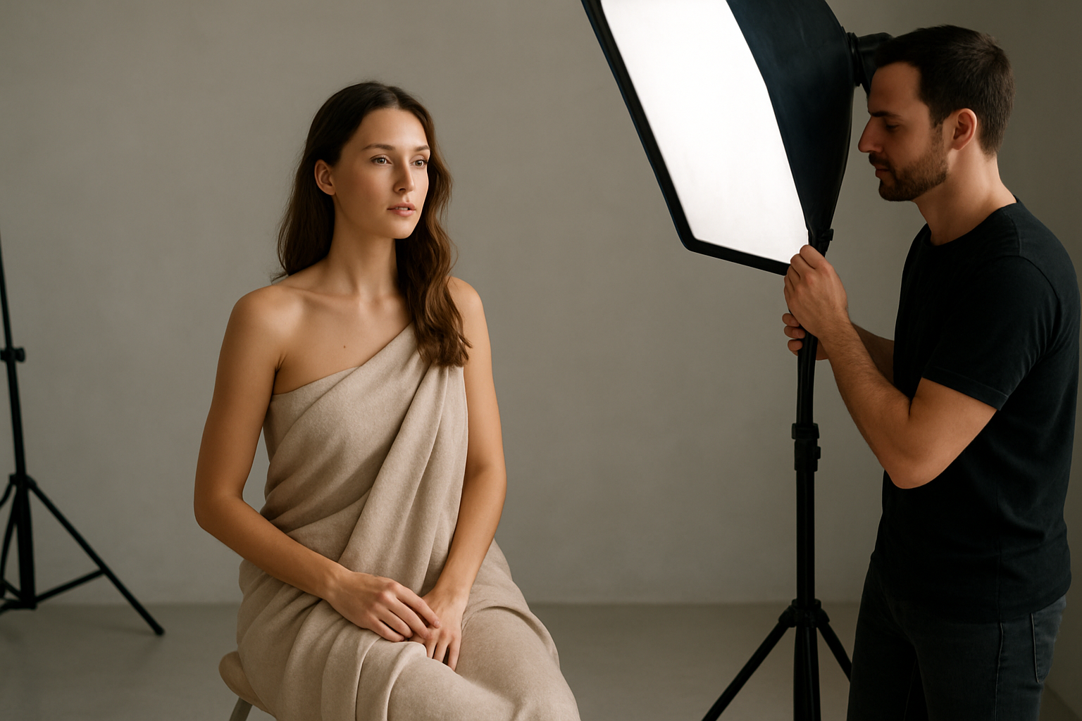Photographe et modèle en séance de photographie artistique du nu féminin, lumière douce en studio, ambiance discrète et élégante