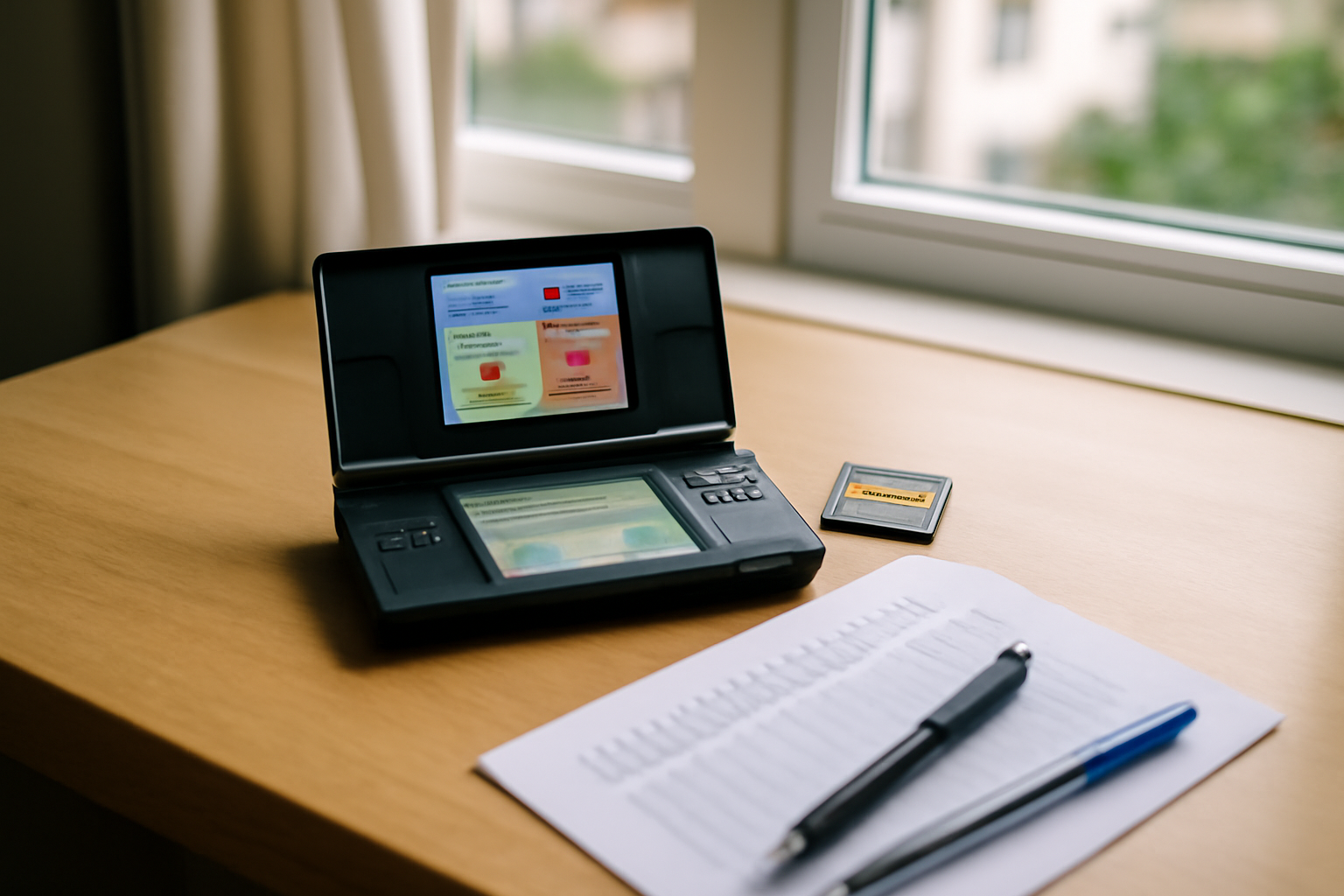 Pokédex Johto ouvert sur Nintendo DS à côté d’une cartouche Pokémon HeartGold, lumière naturelle sur un bureau