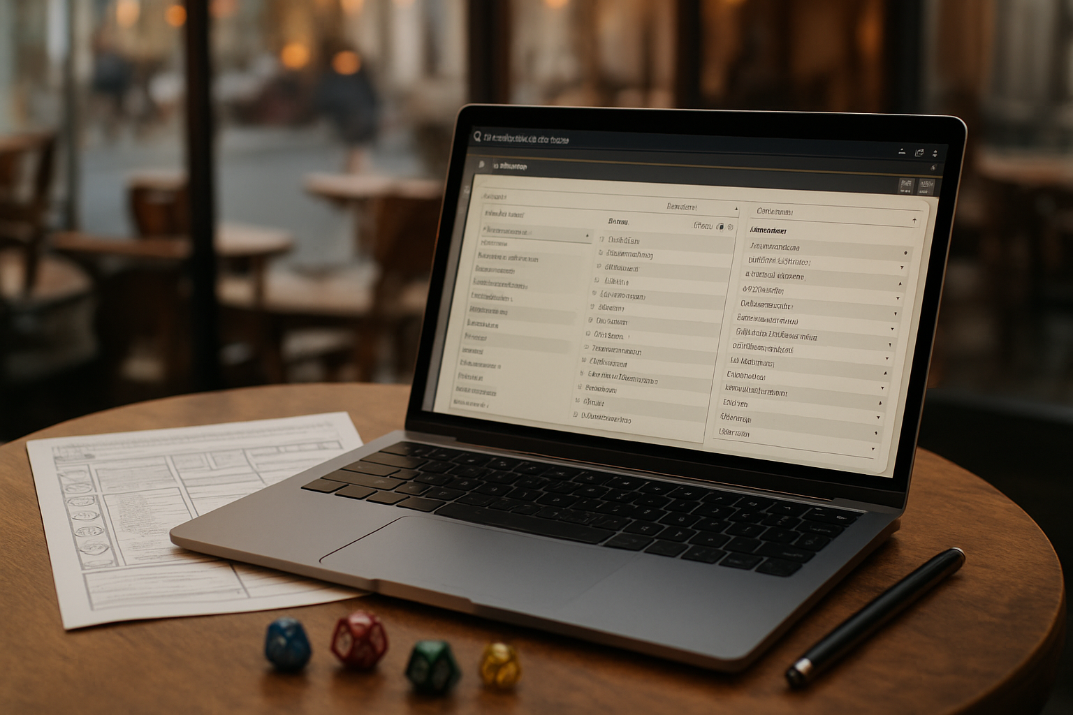 Répertoire de sorts D&D 5e sur écran avec filtres par niveau et école, lumière naturelle dans un café