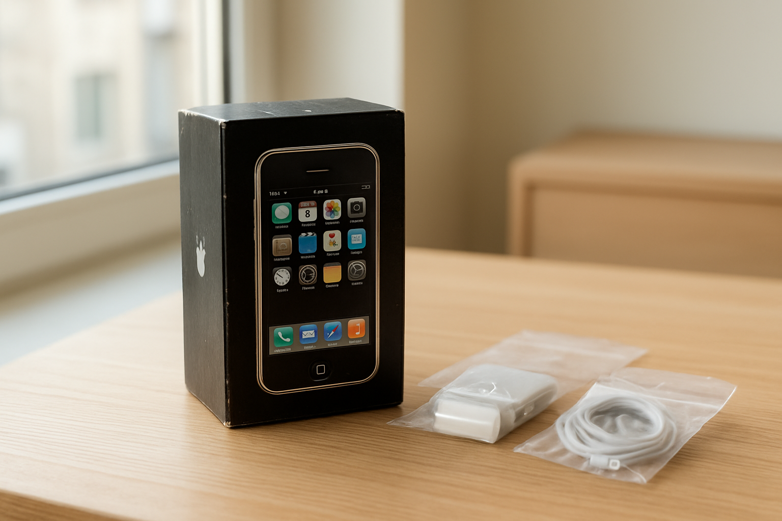 iPhone 1 de première génération dans sa boîte d’origine, scellé, posé sur un bureau en lumière naturelle