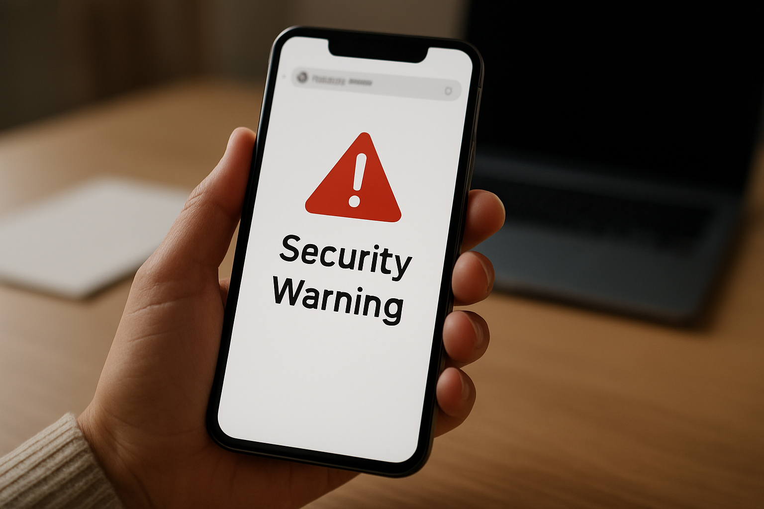 Capture réaliste d’un écran de sécurité mobile : alerte de phishing et vérification d’URL avant de cliquer