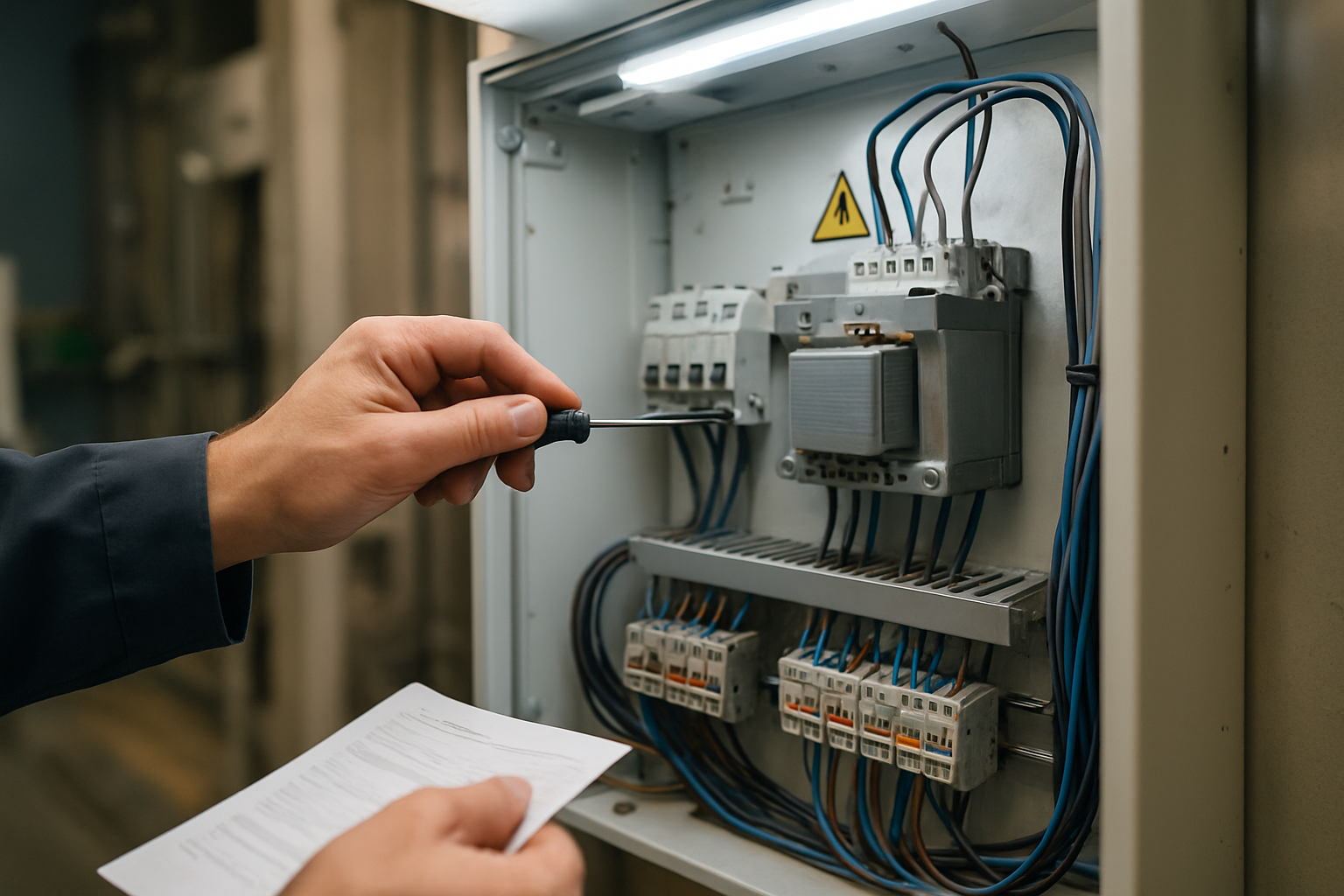 transformateur électrique compact avec câbles et borniers dans une armoire de contrôle