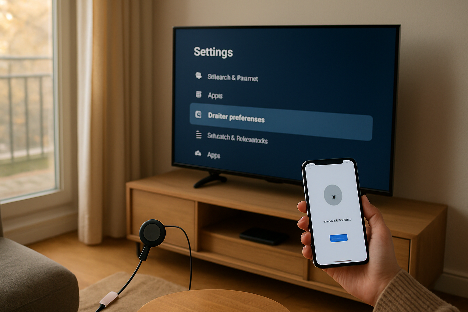 Chromecast branché en HDMI sur une télévision, avec l’application Google Home sur un smartphone