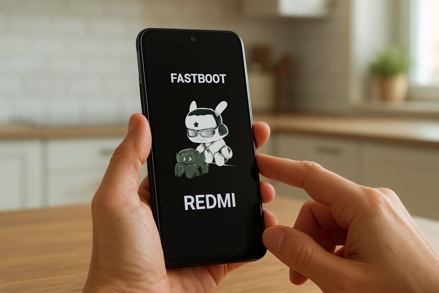 Boutons Volume et bouton Power d’un Redmi, écran Fastboot « REDMI » visible