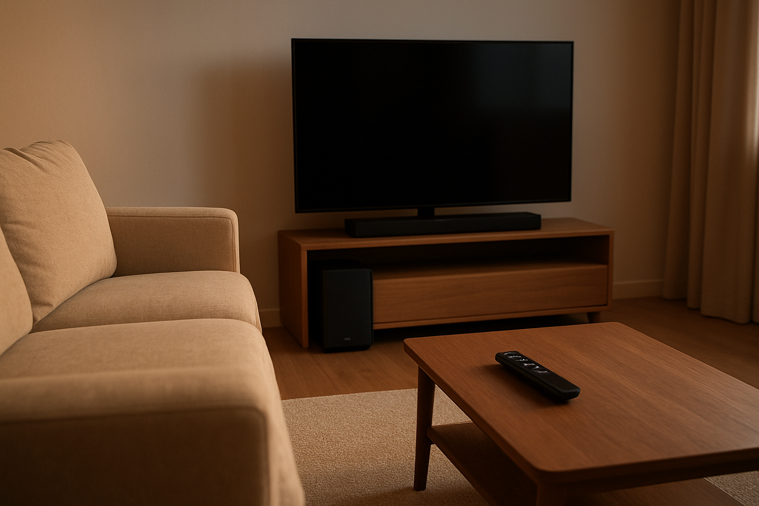 Barre de son et caisson sans fil installés dans un salon moderne, lecteur TV et console allumés