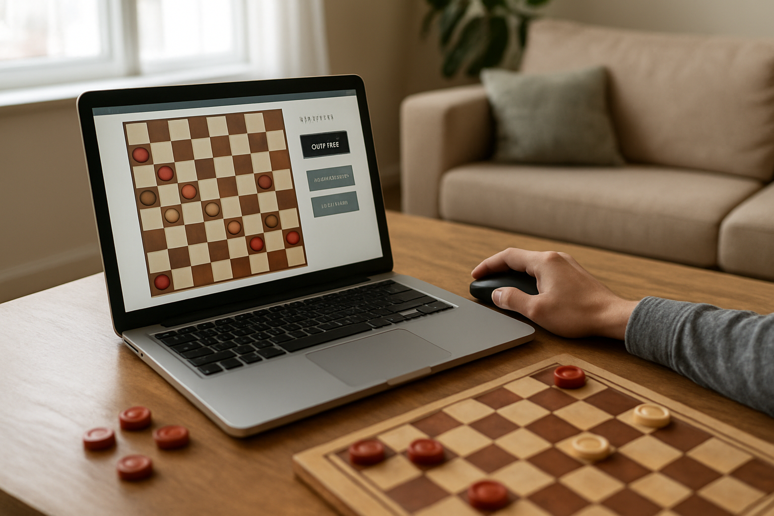 Plateau de jeu de dames en ligne contre une IA sur navigateur, interface avec niveaux de difficulté