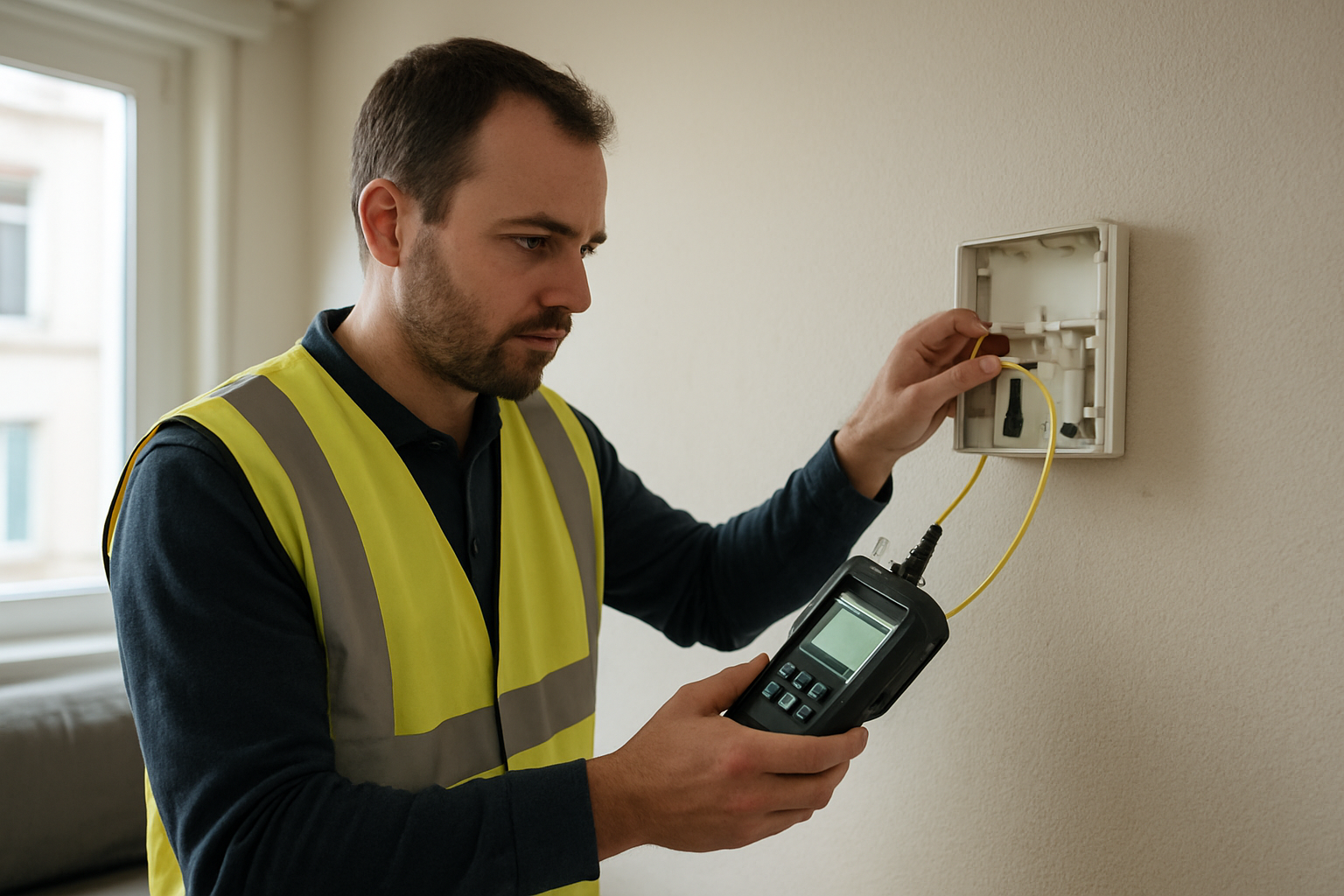 Technicien fibre optique vérifiant un point de terminaison optique dans un logement, lumière naturelle, matériel de mesure sur table