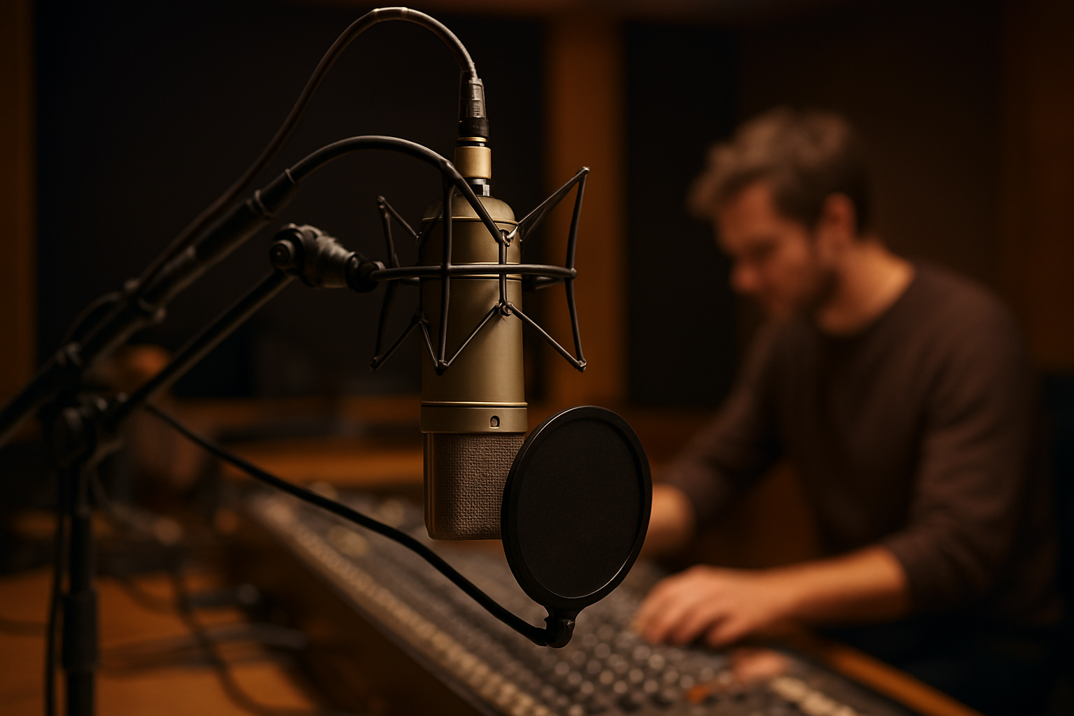 Neumann U 87 Ai microphone à large membrane sur un pied de studio, pop filter et suspension anti-vibrations, lumière douce