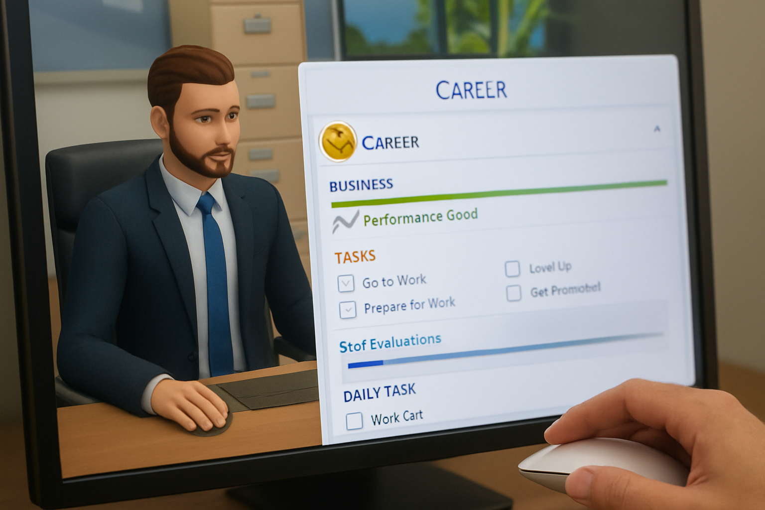 Interface Les Sims 4 avec menu Carrière montrant l’action de publication d’une évaluation