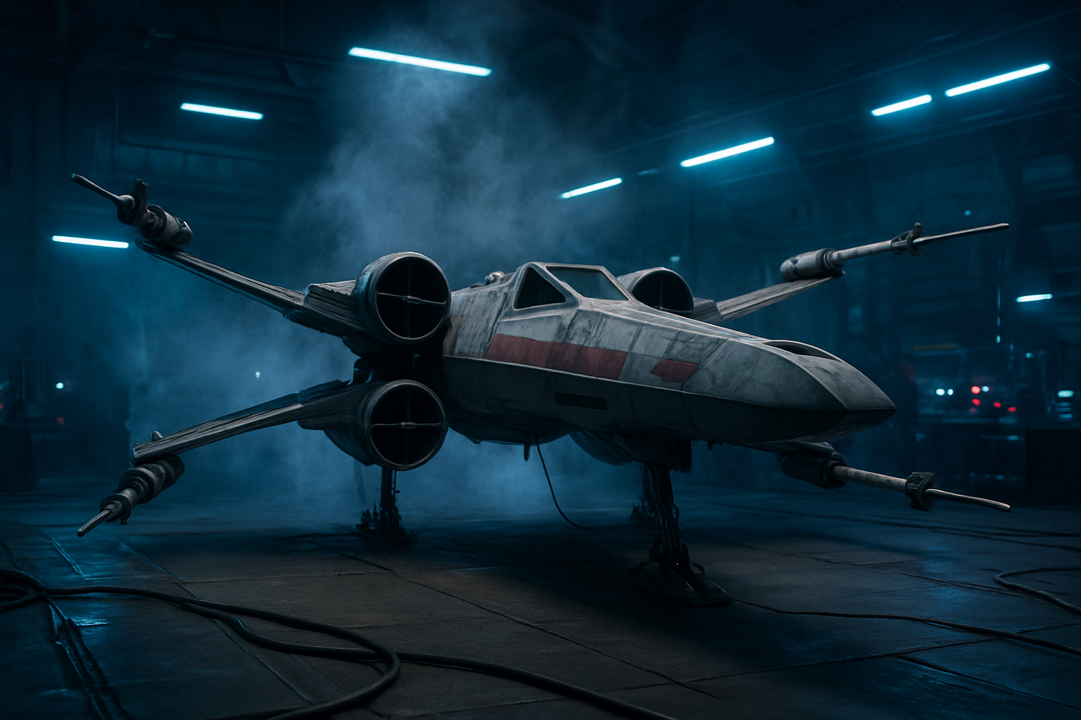 Chasseur stellaire X-wing de l’Alliance Rebelle avec ailes S-foils déployées en forme de X, vue cinématique dans l’espace, lumière froide